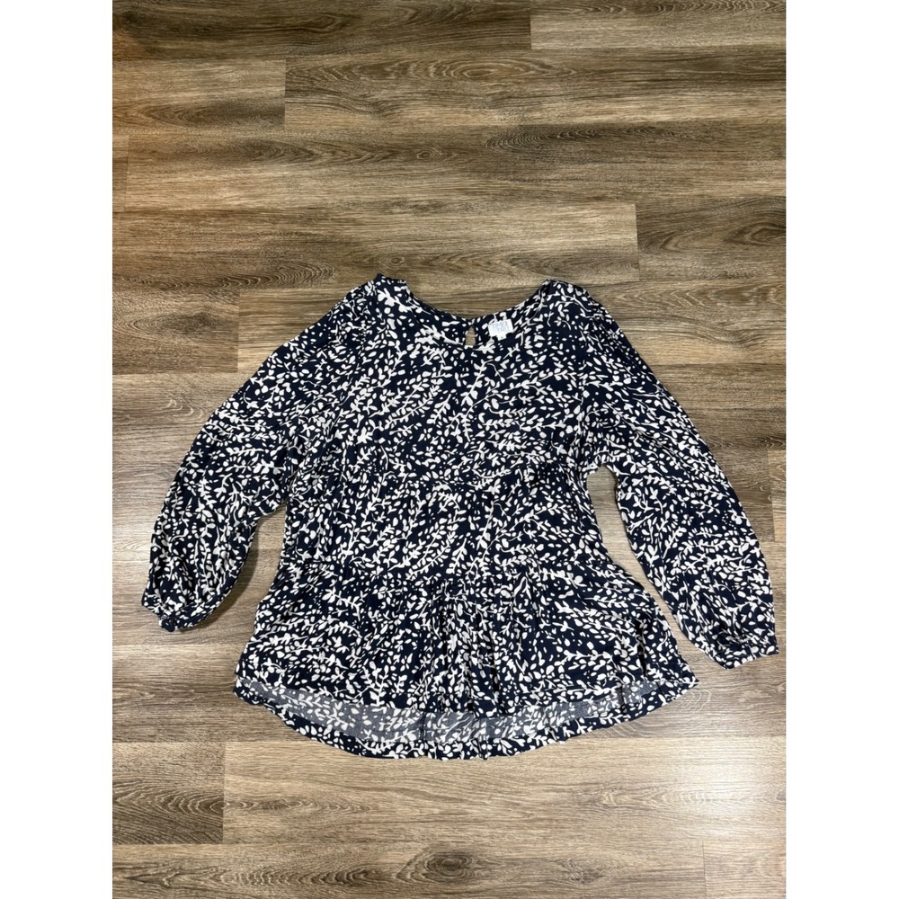 Tiered Babydoll Blouse Time and Tru Womens XL Navy White Leaf Print